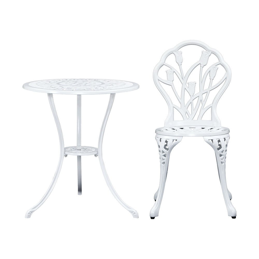 3PC Outdoor Setting Bistro Set Chairs Table Cast Aluminum Patio Furniture Tulip White - Furniture > Outdoor - Bedzy Australia