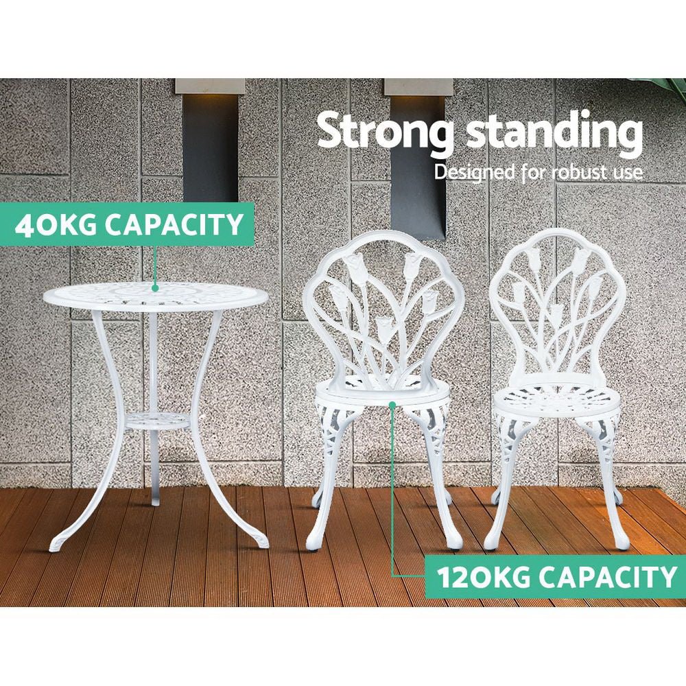 3PC Outdoor Setting Bistro Set Chairs Table Cast Aluminum Patio Furniture Tulip White - Furniture > Outdoor - Bedzy Australia