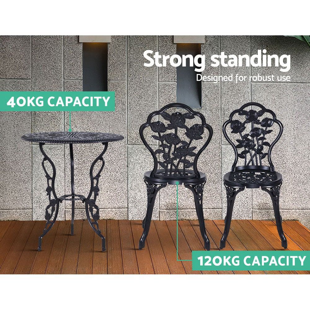 3PC Outdoor Setting Bistro Set Chairs Table Cast Aluminum Rose Black - Furniture > Outdoor - Bedzy Australia