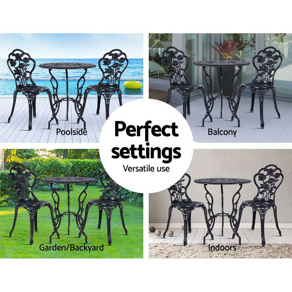 3PC Outdoor Setting Bistro Set Chairs Table Cast Aluminum Rose Black - Furniture > Outdoor - Bedzy Australia