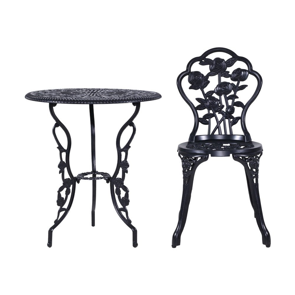 3PC Outdoor Setting Bistro Set Chairs Table Cast Aluminum Rose Black - Furniture > Outdoor - Bedzy Australia