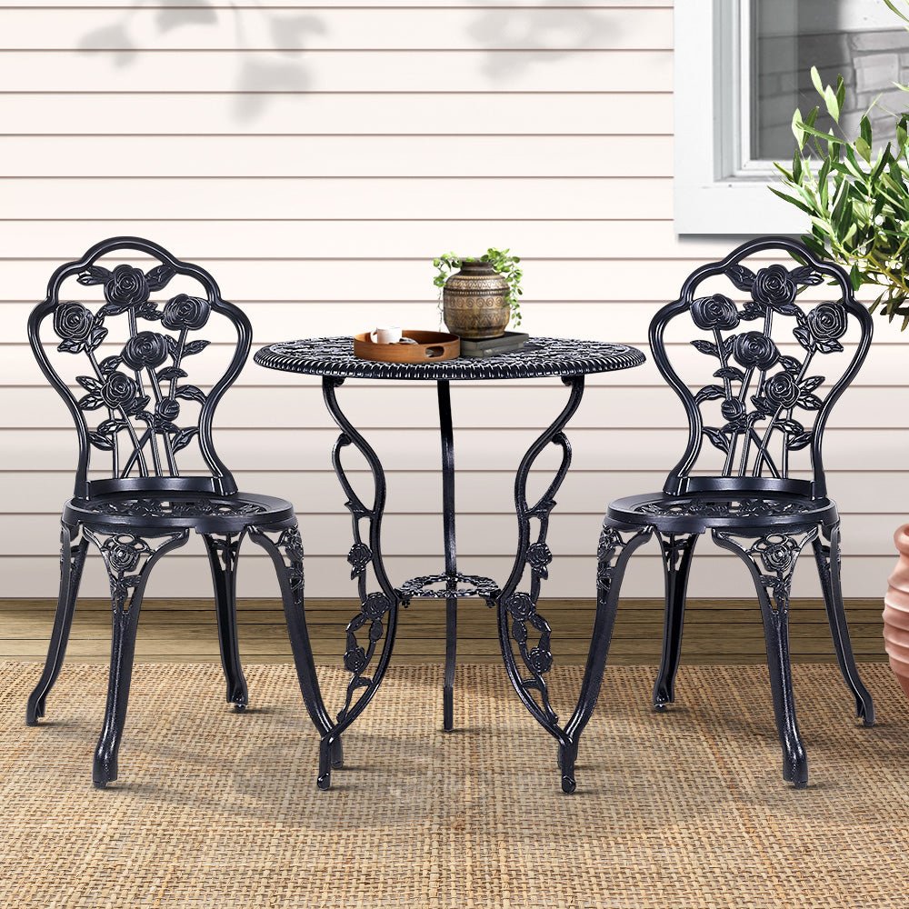 3PC Outdoor Setting Bistro Set Chairs Table Cast Aluminum Rose Black - Furniture > Outdoor - Bedzy Australia