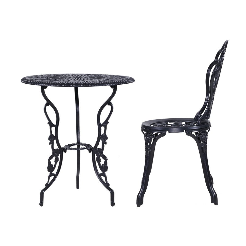 3PC Outdoor Setting Bistro Set Chairs Table Cast Aluminum Rose Black - Furniture > Outdoor - Bedzy Australia