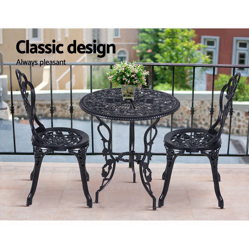 3PC Outdoor Setting Bistro Set Chairs Table Cast Aluminum Rose Black - Furniture > Outdoor - Bedzy Australia