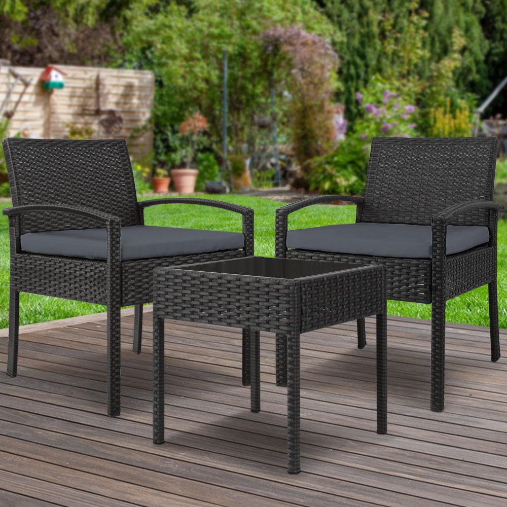 3PC Patio Furniture Bistro Set Wicker Outdoor Lounge Setting Black - Furniture > Outdoor - Bedzy Australia