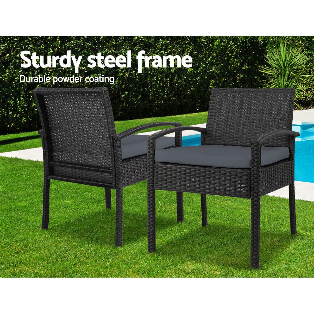 3PC Patio Furniture Bistro Set Wicker Outdoor Lounge Setting Black - Furniture > Outdoor - Bedzy Australia