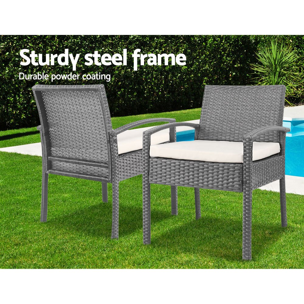 3PC Patio Furniture Bistro Set Wicker Outdoor Lounge Setting Grey - Furniture > Outdoor - Bedzy Australia