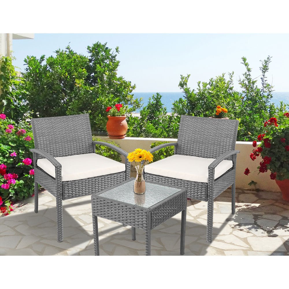3PC Patio Furniture Bistro Set Wicker Outdoor Lounge Setting Grey - Furniture > Outdoor - Bedzy Australia