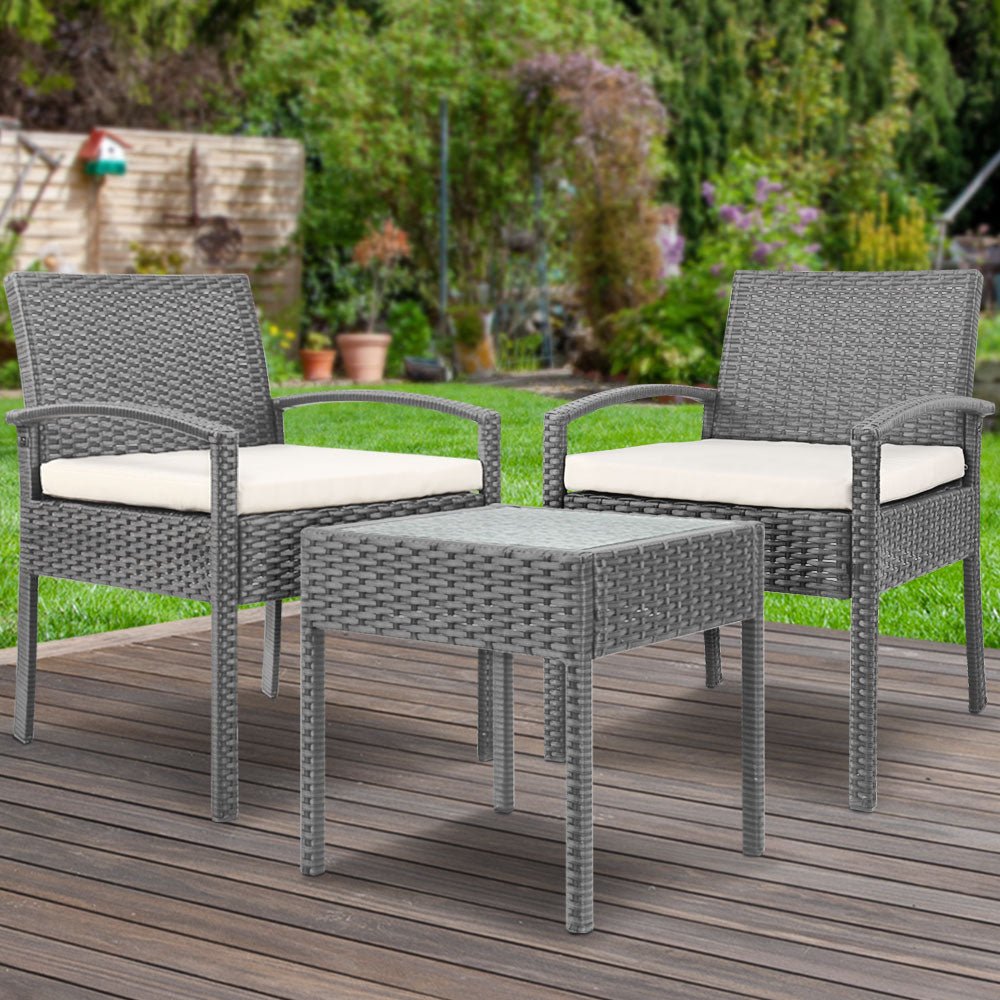 3PC Patio Furniture Bistro Set Wicker Outdoor Lounge Setting Grey - Furniture > Outdoor - Bedzy Australia