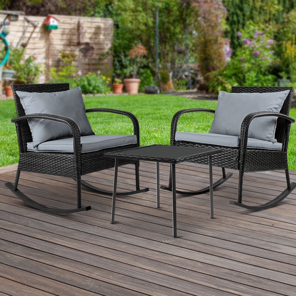 3PC Rocking Chair Table Wicker Outdoor Furniture Patio Bistro Set Black - Furniture > Outdoor - Bedzy Australia