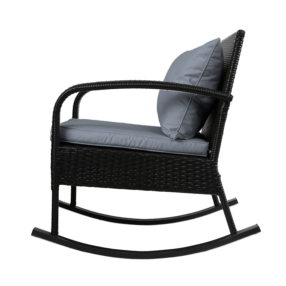 3PC Rocking Chair Table Wicker Outdoor Furniture Patio Bistro Set Black - Furniture > Outdoor - Bedzy Australia
