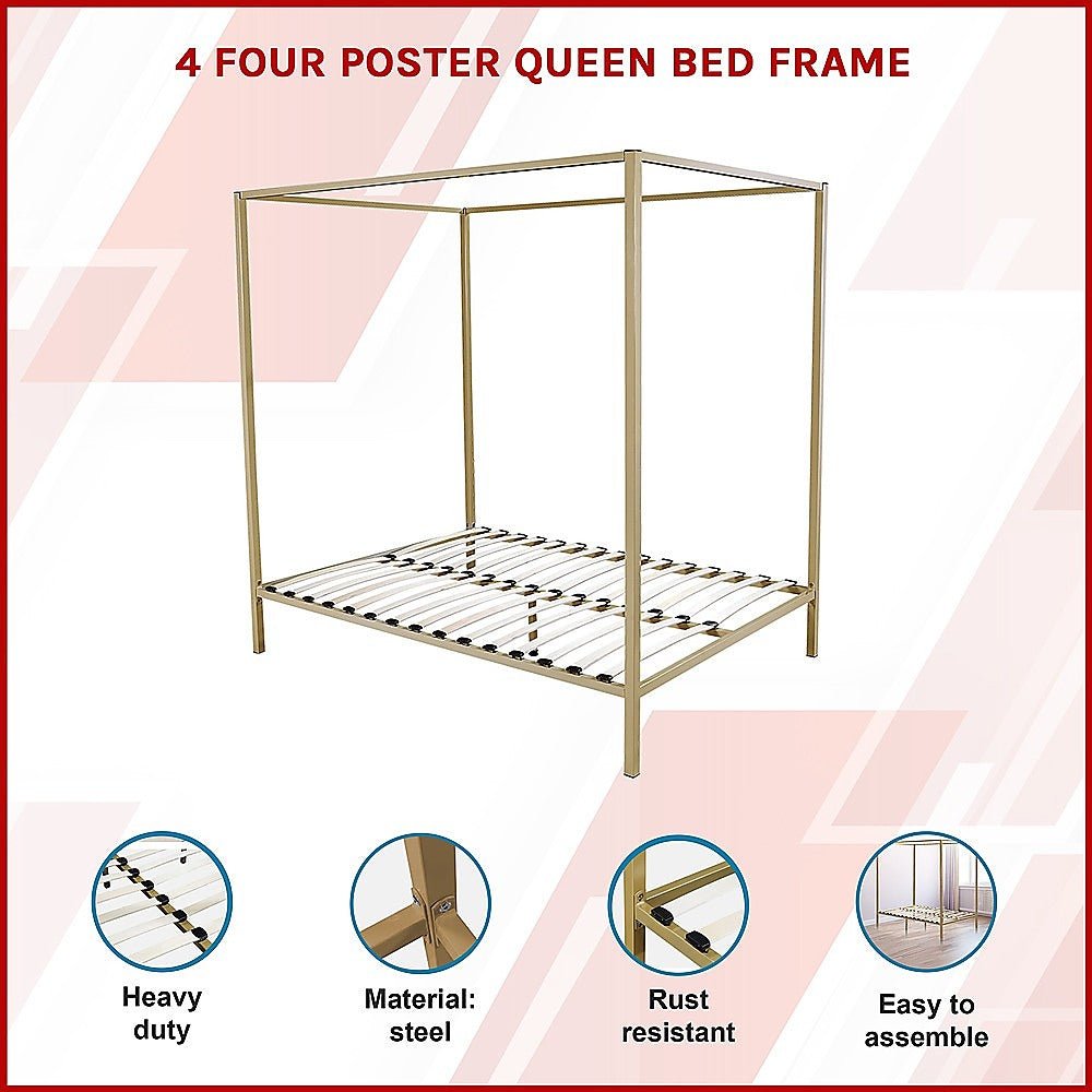 4 Poster Queen Bed Frame Gold - Bedzy Australia