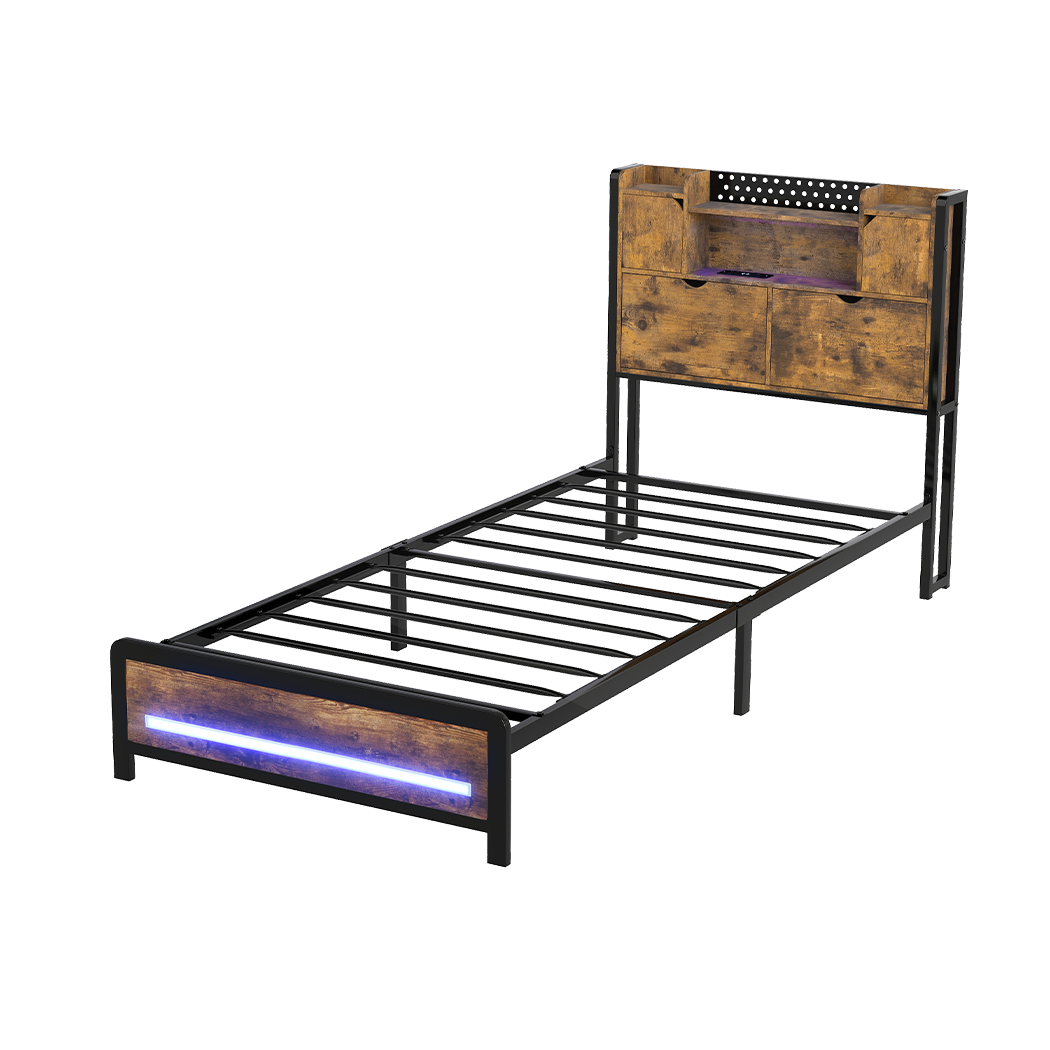 Single Package | Kensley LED Storage Bed Frame Industrial & Glay Bonnell Spring Mattress (Medium Firm)