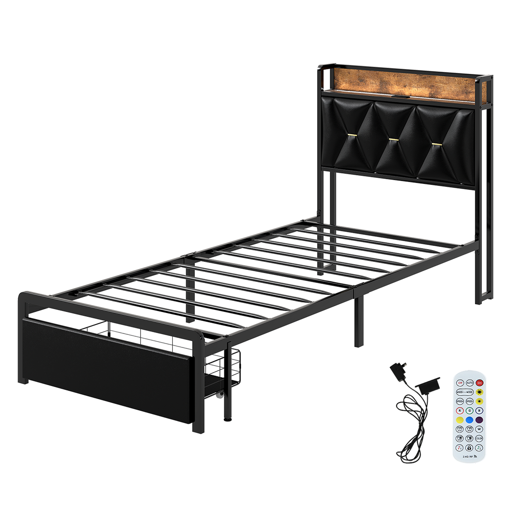 Levede Single Bed Frame Leather Headboard RGB 2 Drawers-1996009957056712712