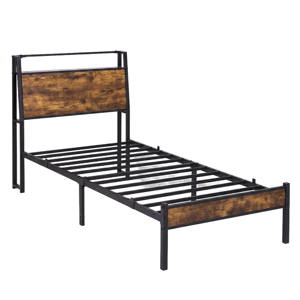 Levede Single Bed Frame LED Lights USB Charging Storage Headboard Metal Platform-2100002239765680136