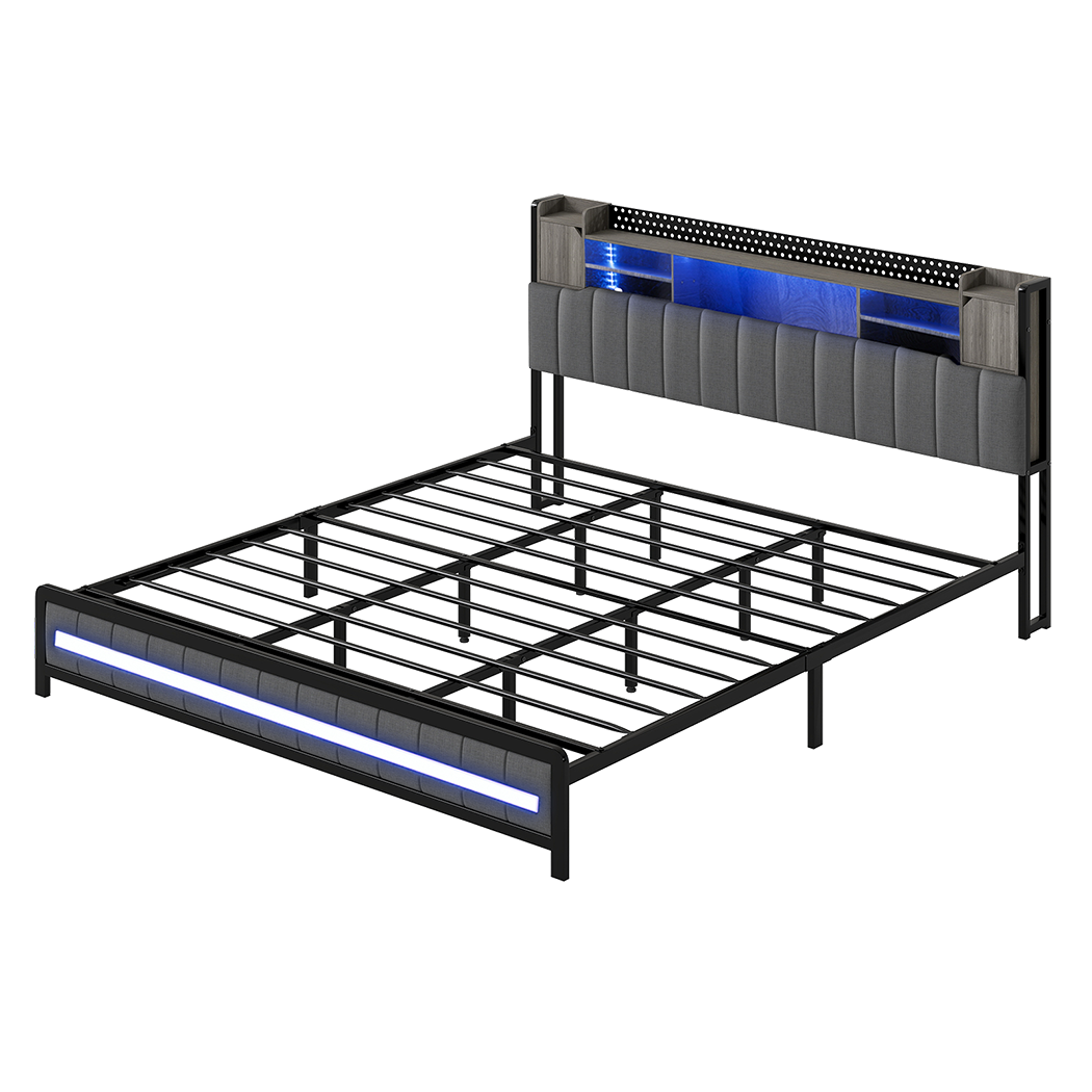 King Package | Elmore LED Bed Frame Grey & Serenity Euro Top Mattress (Medium Firm)