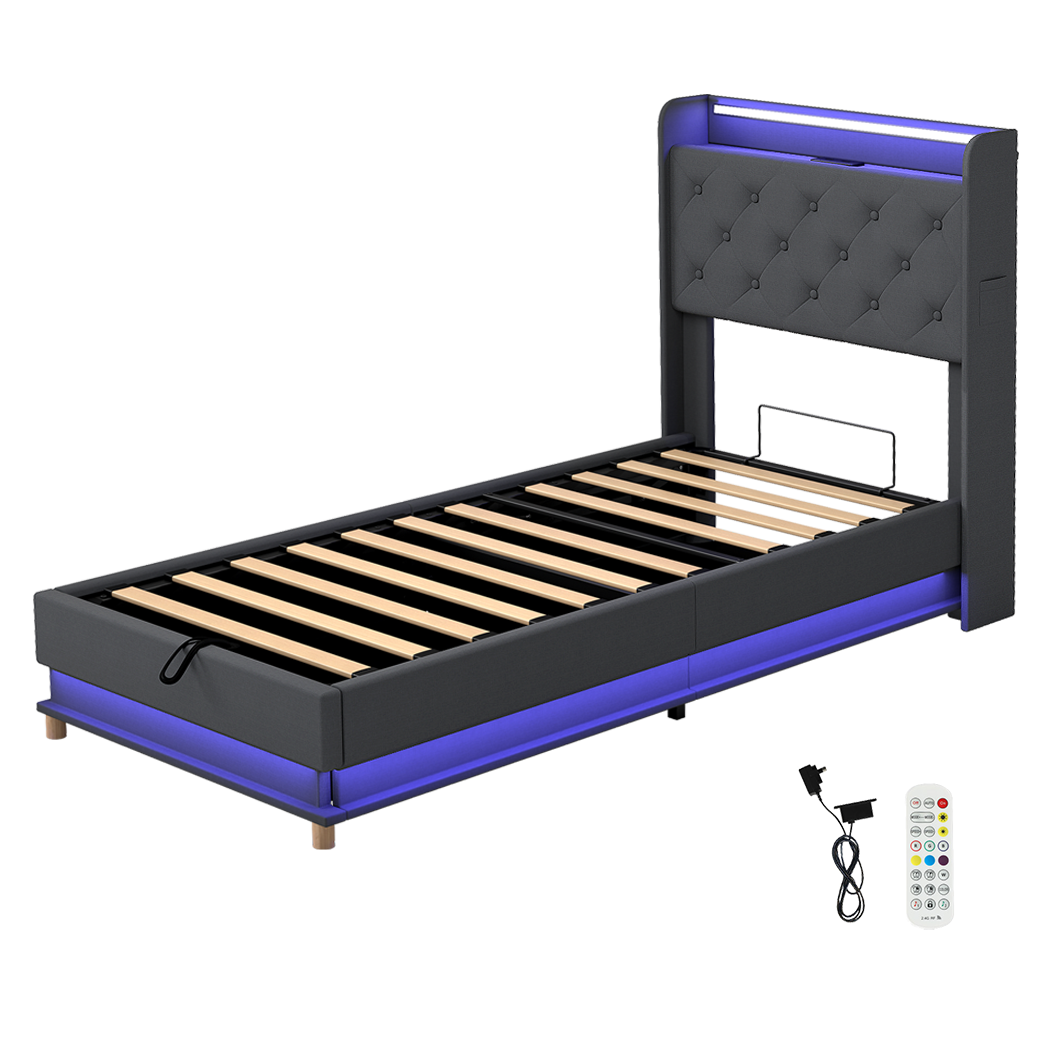 Single Package | Mitchell LED Gas Lift Storage Bed Grey & Glay Bonnell Spring Mattress (Medium Firm)