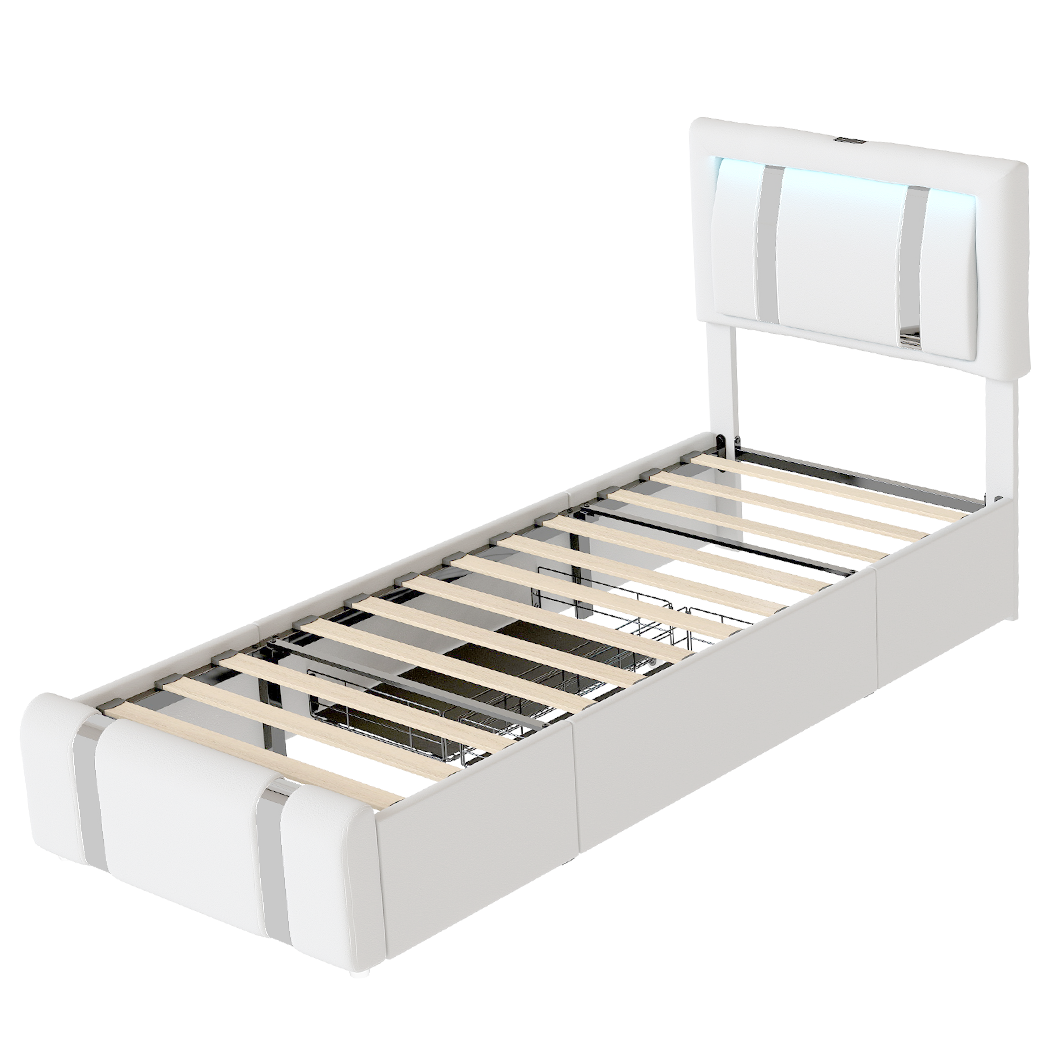 Single Package | Brighton LED Storage Bed Frame White & Glay Bonnell Spring Mattress (Medium Firm)