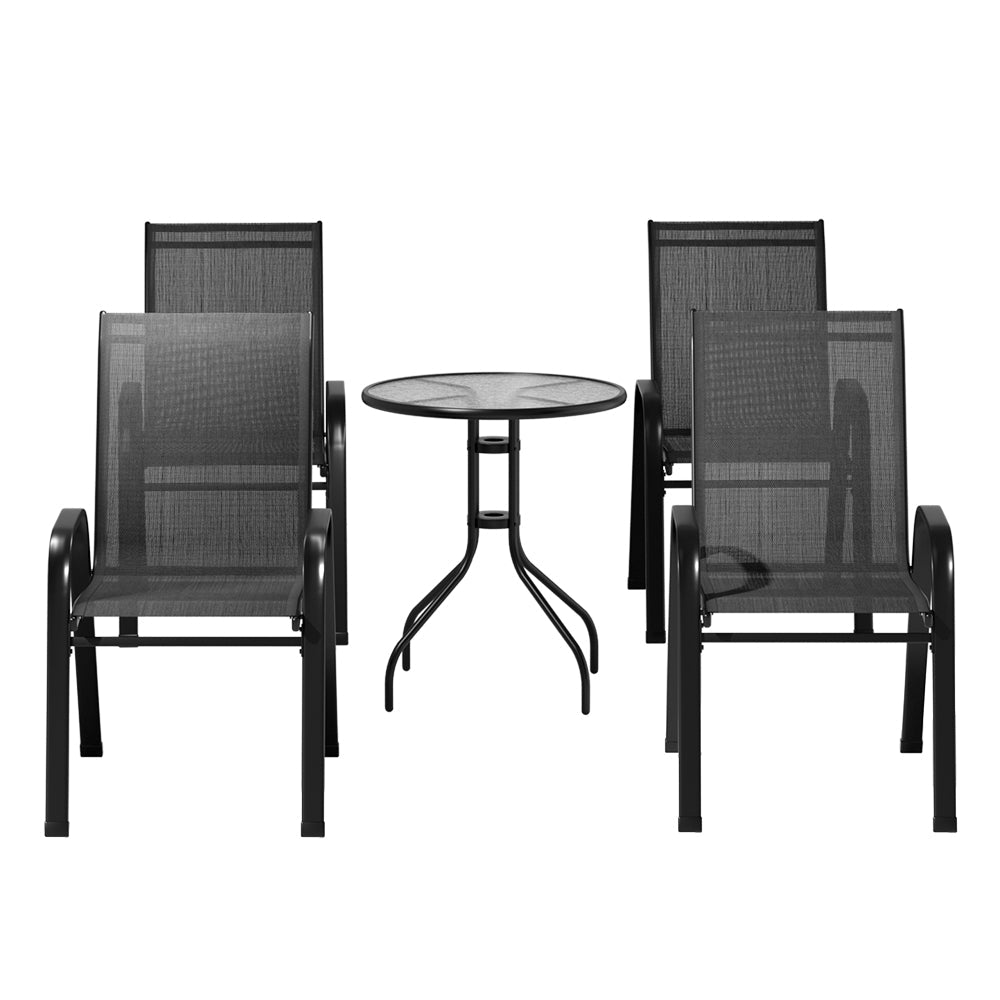 5PC Bistro Set Outdoor Table and Chairs Stackable Outdoor Furniture Black - Furniture > Outdoor - Bedzy Australia