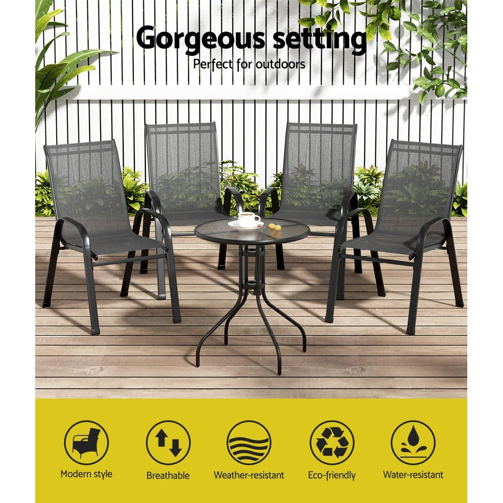 5PC Bistro Set Outdoor Table and Chairs Stackable Outdoor Furniture Black - Furniture > Outdoor - Bedzy Australia