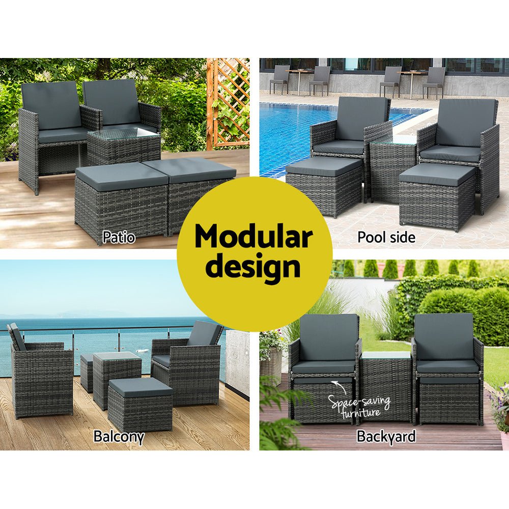 5PC Bistro Set Wicker Table and Chairs Ottoman Outdoor Furniture Grey - Furniture > Outdoor - Bedzy Australia