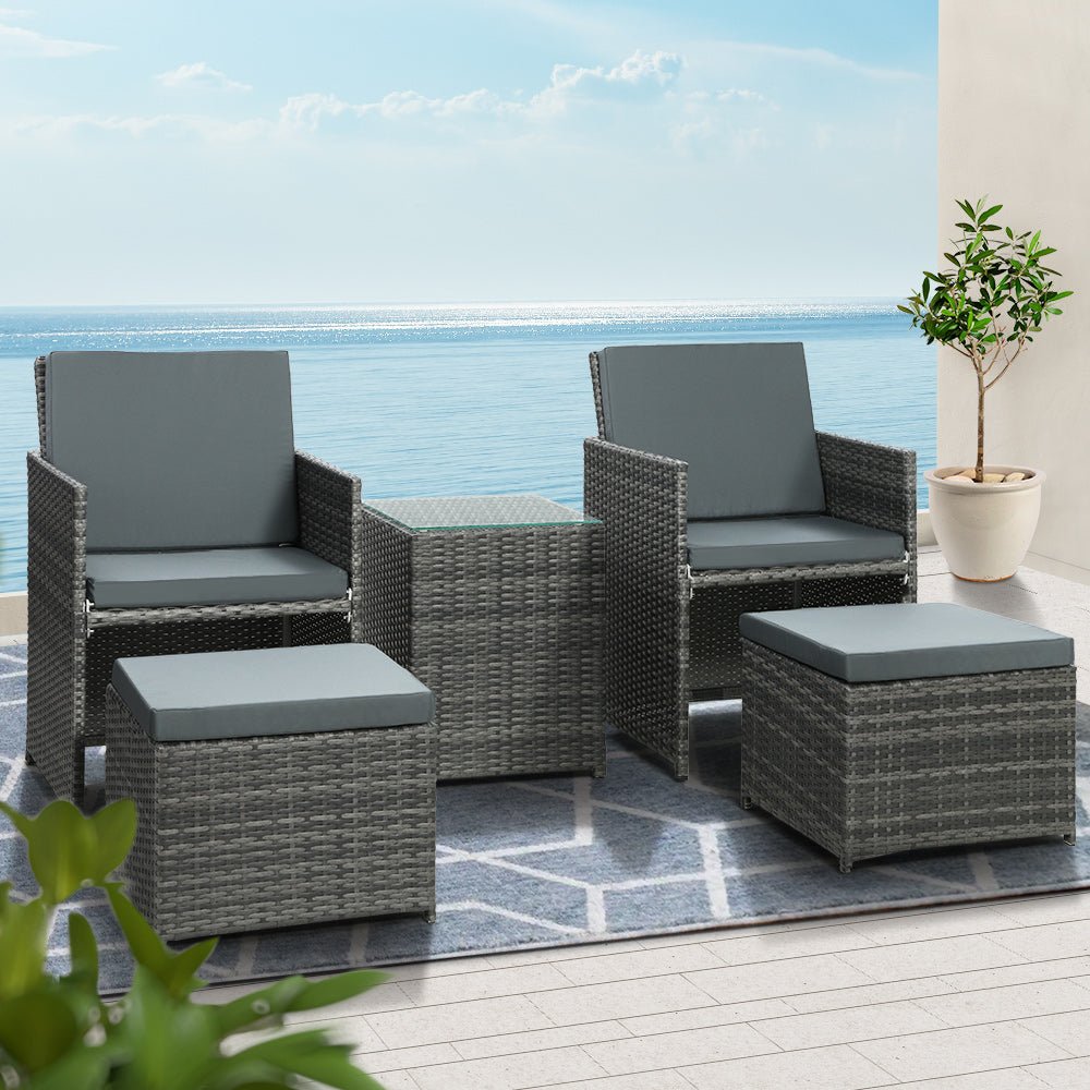 5PC Bistro Set Wicker Table and Chairs Ottoman Outdoor Furniture Grey - Furniture > Outdoor - Bedzy Australia