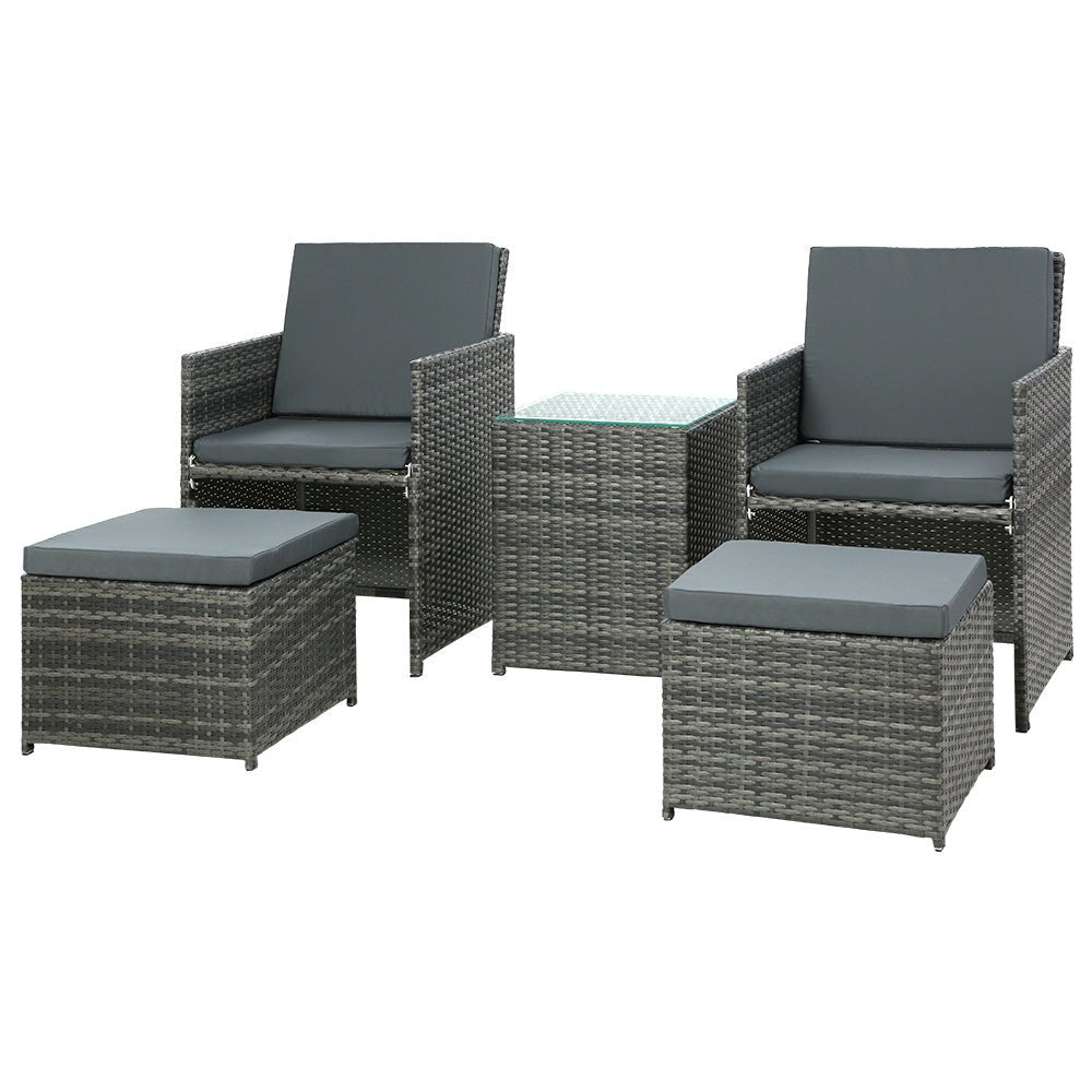 5PC Bistro Set Wicker Table and Chairs Ottoman Outdoor Furniture Grey - Furniture > Outdoor - Bedzy Australia