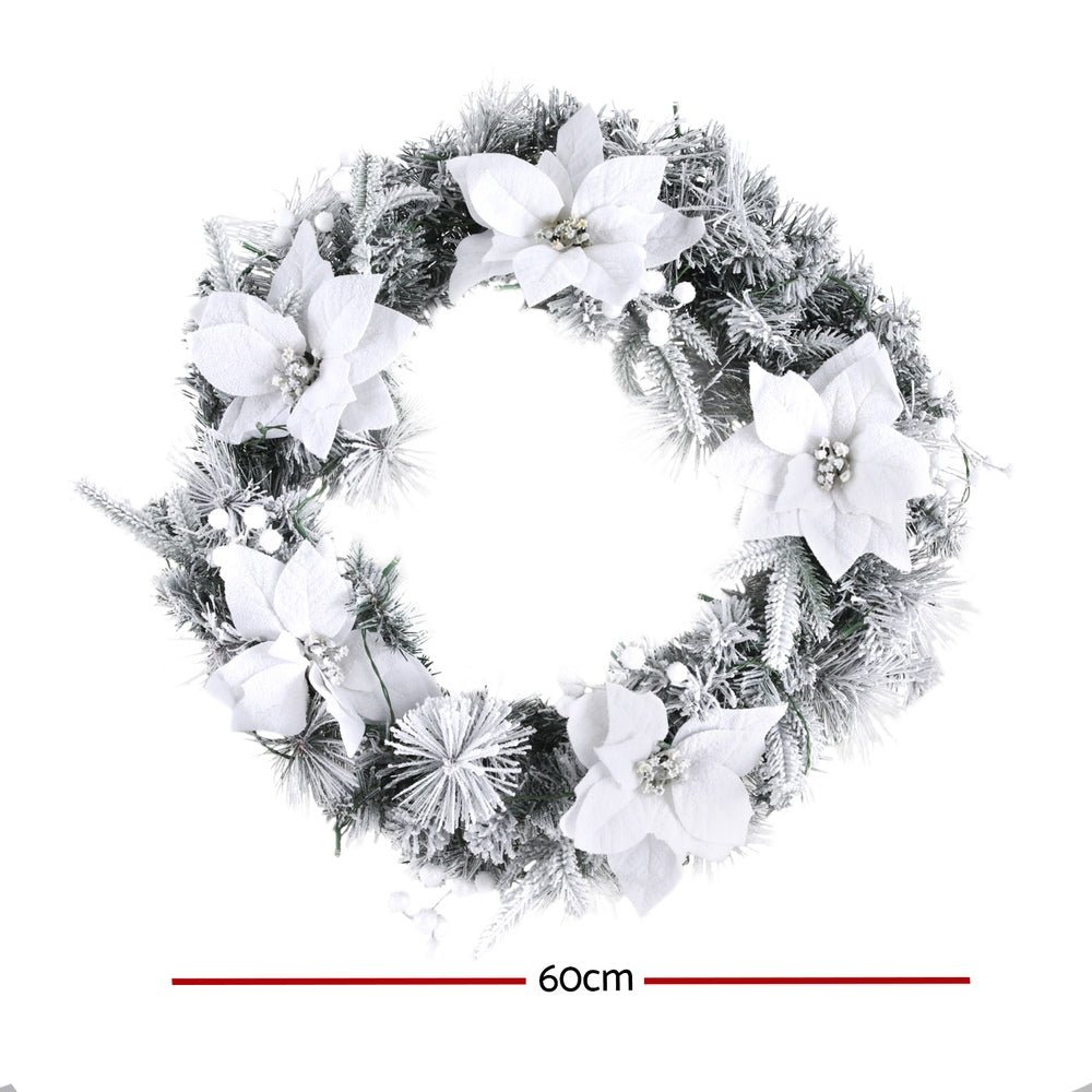 60cm Christmas Wreath LED Lights Snowy Flowers Garland Party Decor - Occasions > Christmas > Christmas Wreaths & Garlands - Bedzy Australia