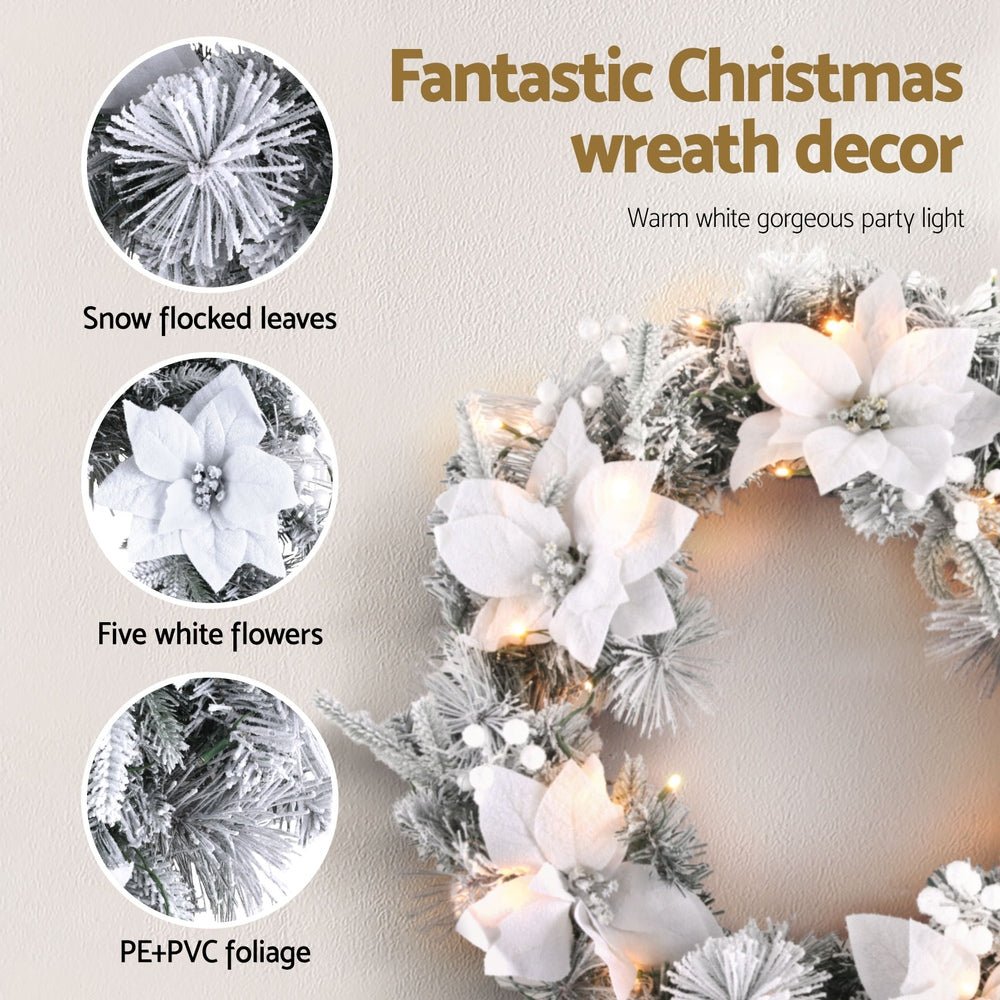 60cm Christmas Wreath LED Lights Snowy Flowers Garland Party Decor - Occasions > Christmas > Christmas Wreaths & Garlands - Bedzy Australia