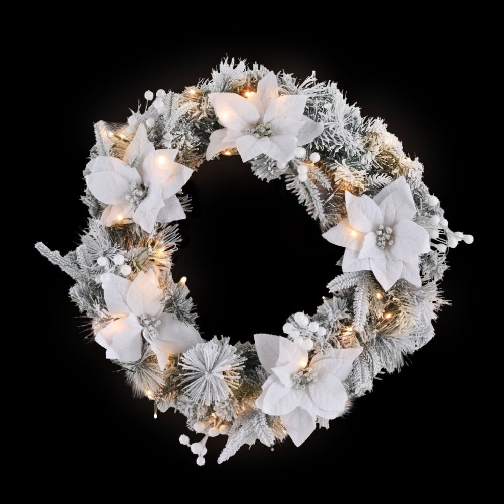 60cm Christmas Wreath LED Lights Snowy Flowers Garland Party Decor - Occasions > Christmas > Christmas Wreaths & Garlands - Bedzy Australia
