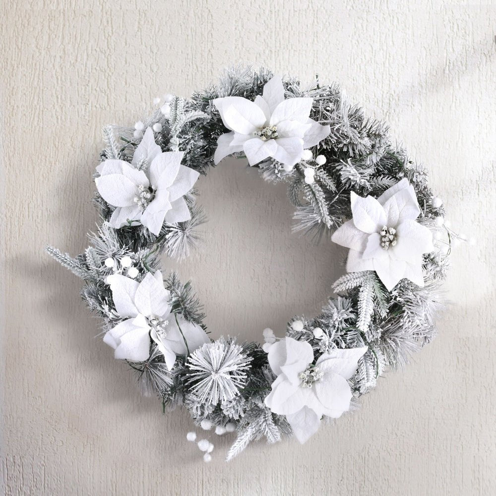 60cm Christmas Wreath LED Lights Snowy Flowers Garland Party Decor - Occasions > Christmas > Christmas Wreaths & Garlands - Bedzy Australia