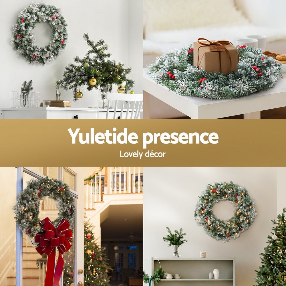 60cm Christmas Wreath LED Lights Snowy Flowers Garland Party Decor - Occasions > Christmas > Christmas Wreaths & Garlands - Bedzy Australia