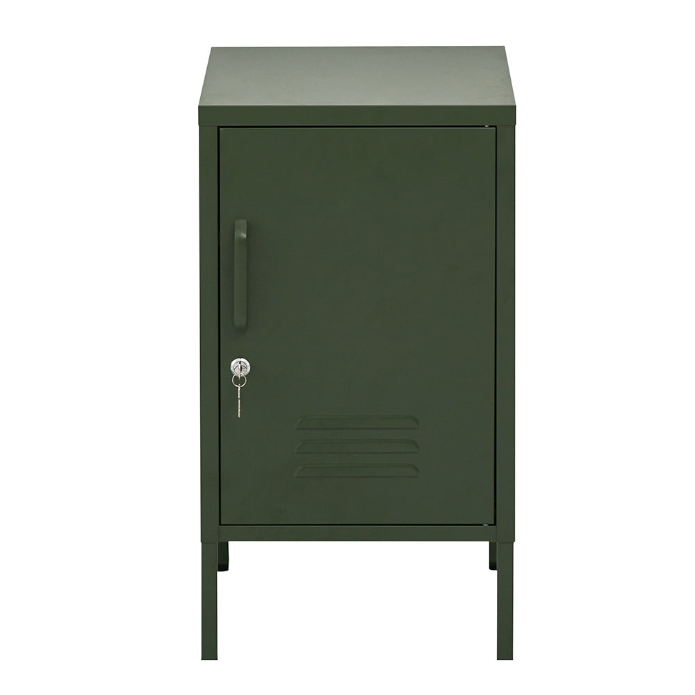 Bedside Table Metal Cabinet - Green with locker-style door, lock and key, elevated on four legs, isolated on white background