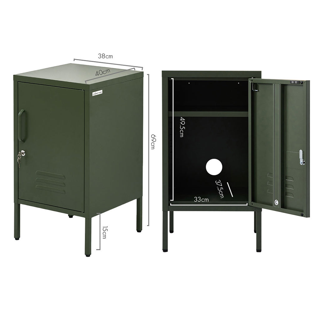 Bedside Table Metal Cabinet - Green with lockable door, ventilation, and measurements shown on white background