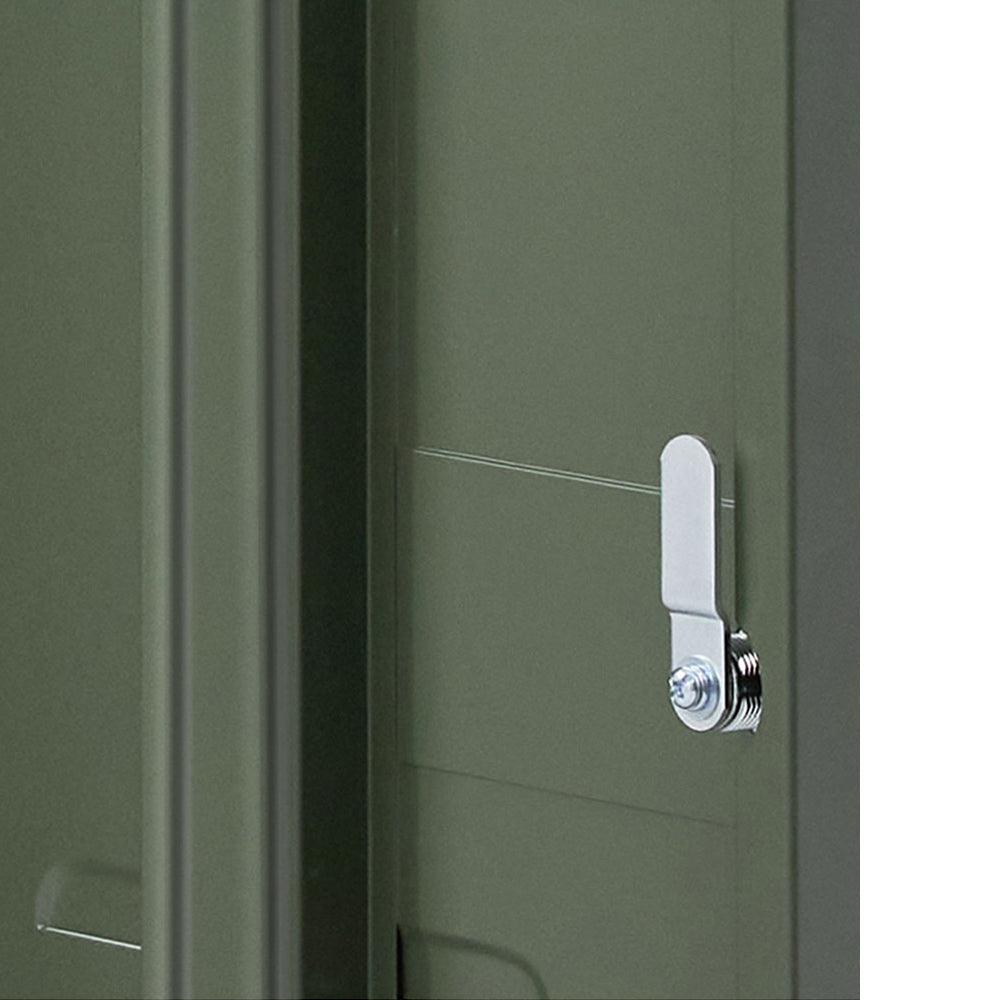 Close-up of green metal locker door highlighting latch on Bedside Table Metal Cabinet - Green by Bedzy