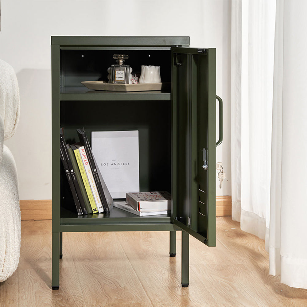 Bedside Table Metal Cabinet - Green with locker-style design, open door, storing books and small decor on wooden floor