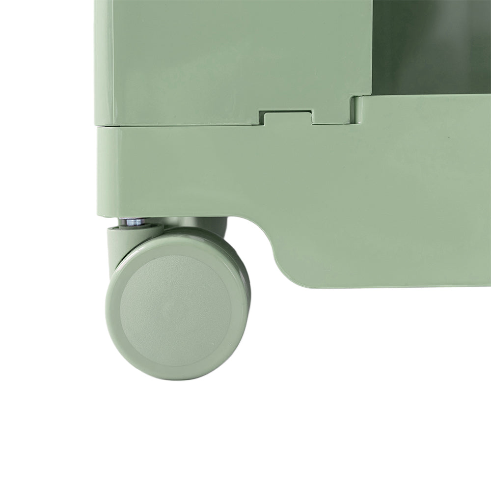 Close-up of green wheel detail on 5 Tier Bedside Table Organizer Green for bedroom furniture by Bedzy