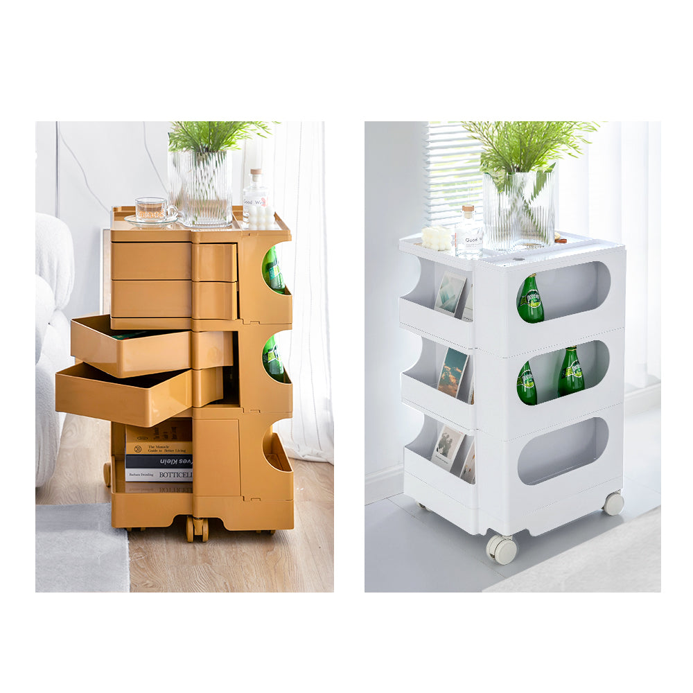 5 Tier Bedside Table Organizer Green with multiple drawers and open shelves, shown styled with decor and bottles