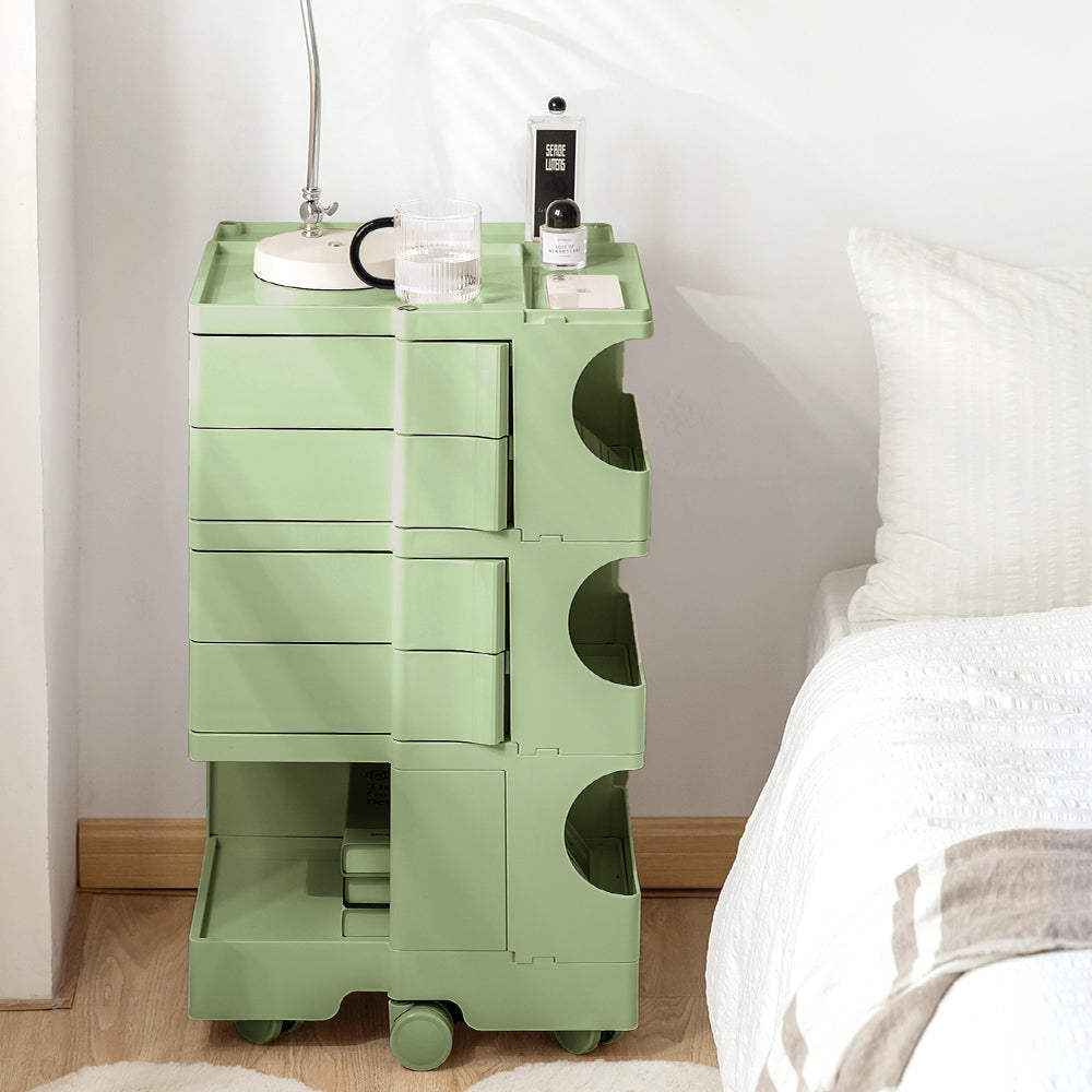 5 Tier Bedside Table Organizer Green with multiple drawers and compartments, shown beside a bed with white bedding