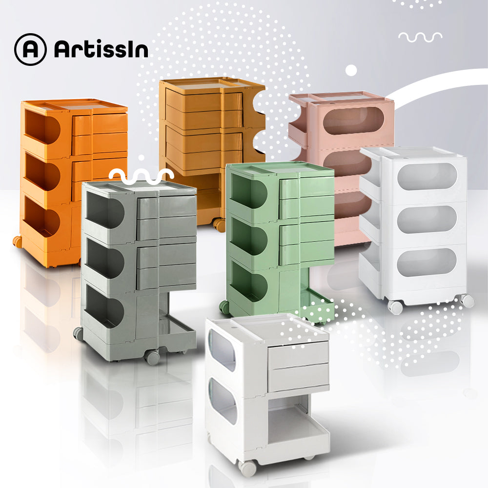 5 Tier Bedside Table Organizer Pink shown with other color variants, featuring multiple drawers and wheels for bedroom storage.