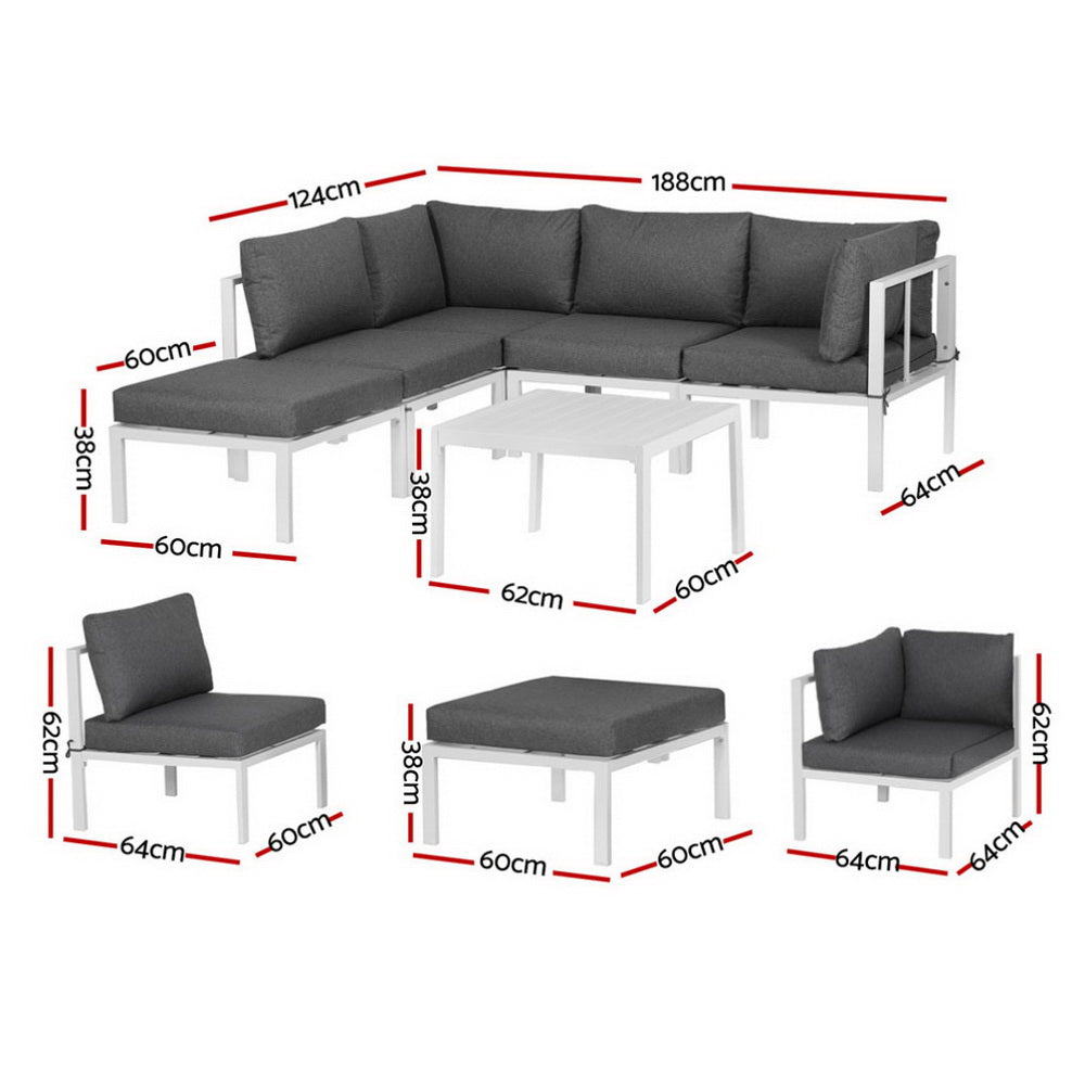 5-Seater Outdoor Aluminium Sofa Set – White Frame, Grey Cushions