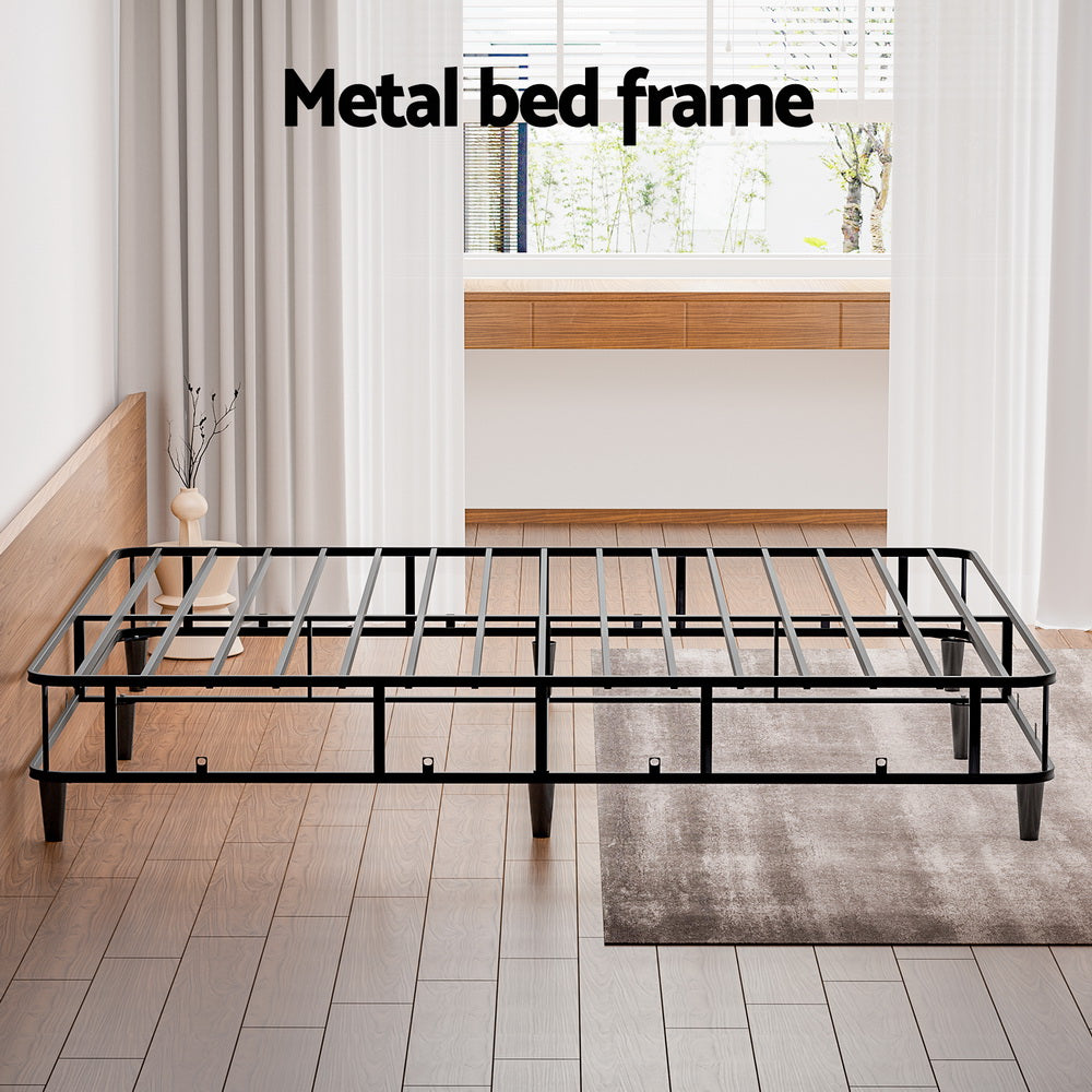 Mason King Bed Frame Base Grey metal frame with sturdy slats in modern bedroom setting with natural light and wooden flooring