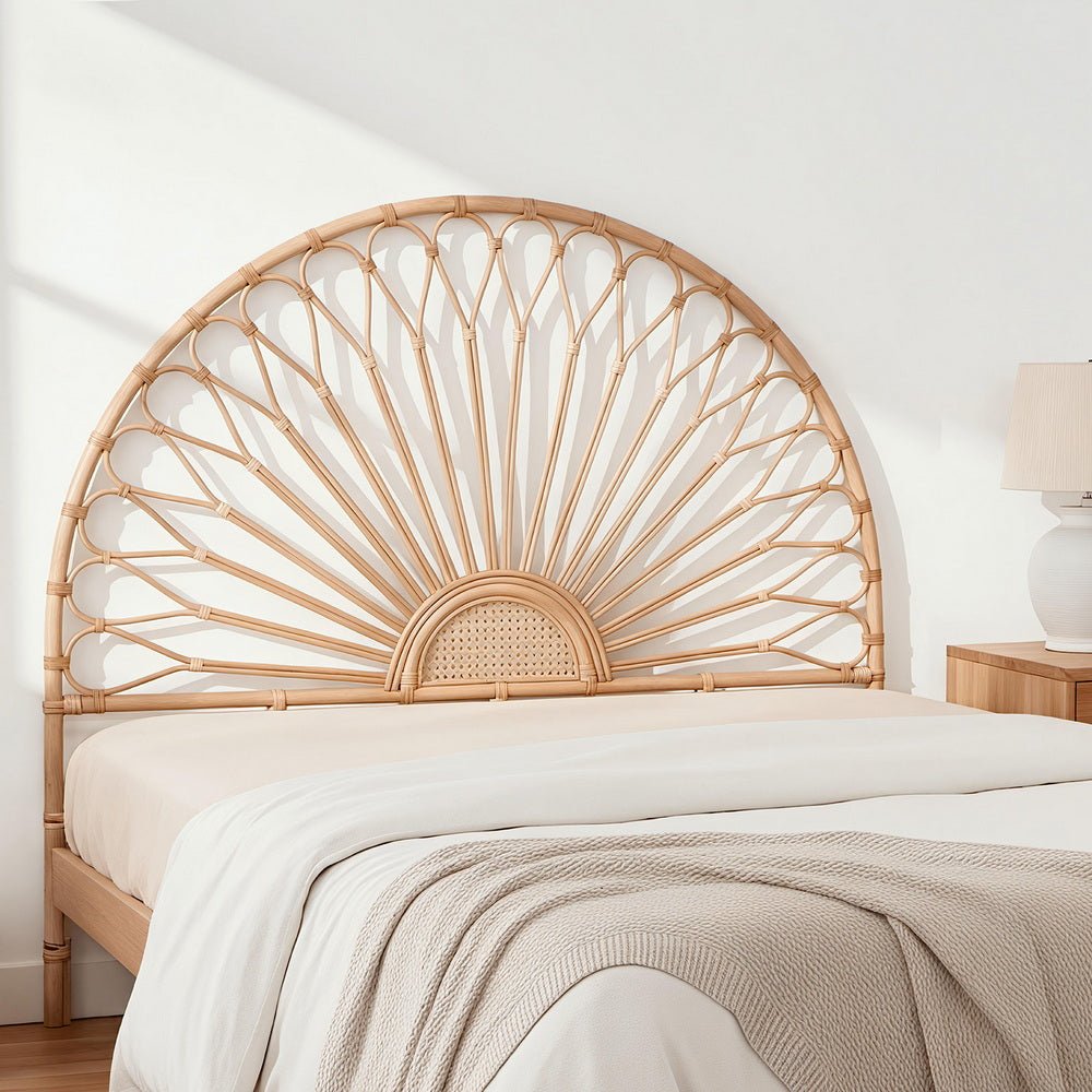 Bed Headboard Double Bedhead Rattan - MARI Pine with sunburst rattan design and natural finish in a minimalist bedroom setting