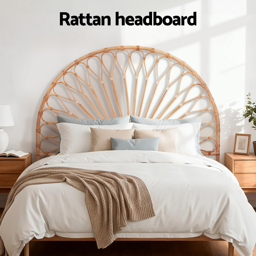 Bed Headboard Queen Bedhead Rattan - MARI Pine with curved rattan design, styled in a cozy boho bedroom setting.