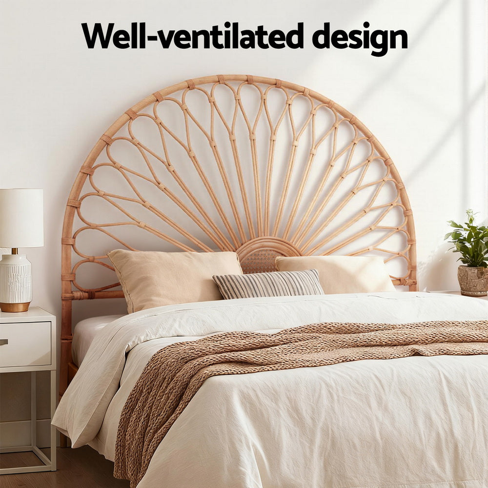 Bed Headboard Queen Bedhead Rattan - MARI Pine with sunburst rattan design in a styled bedroom setting with pillows and side table