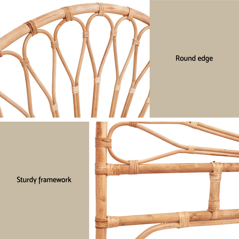 Details of Bed Headboard Queen Bedhead Rattan - MARI Pine showing round edge and sturdy rattan framework in natural finish