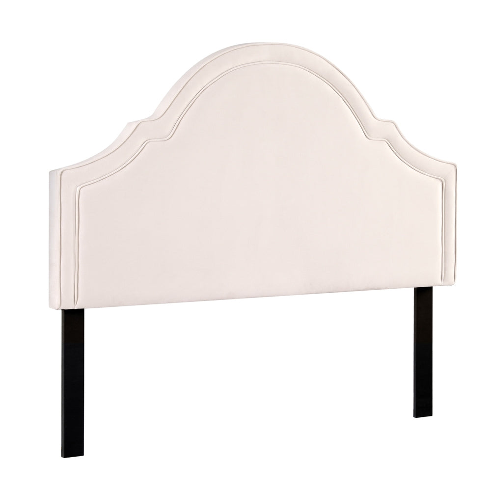 Bed Head Headboard Queen Velvet IRIS Beige with plush velvet fabric, scalloped design, and black wood legs for bedroom furniture