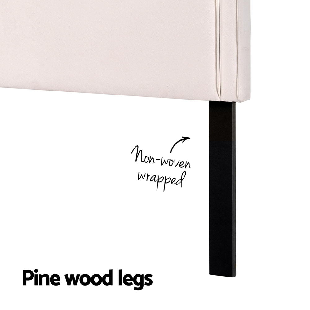 Bed Head Headboard Queen Velvet IRIS Beige with non-woven wrapped pine wood leg detail on white background