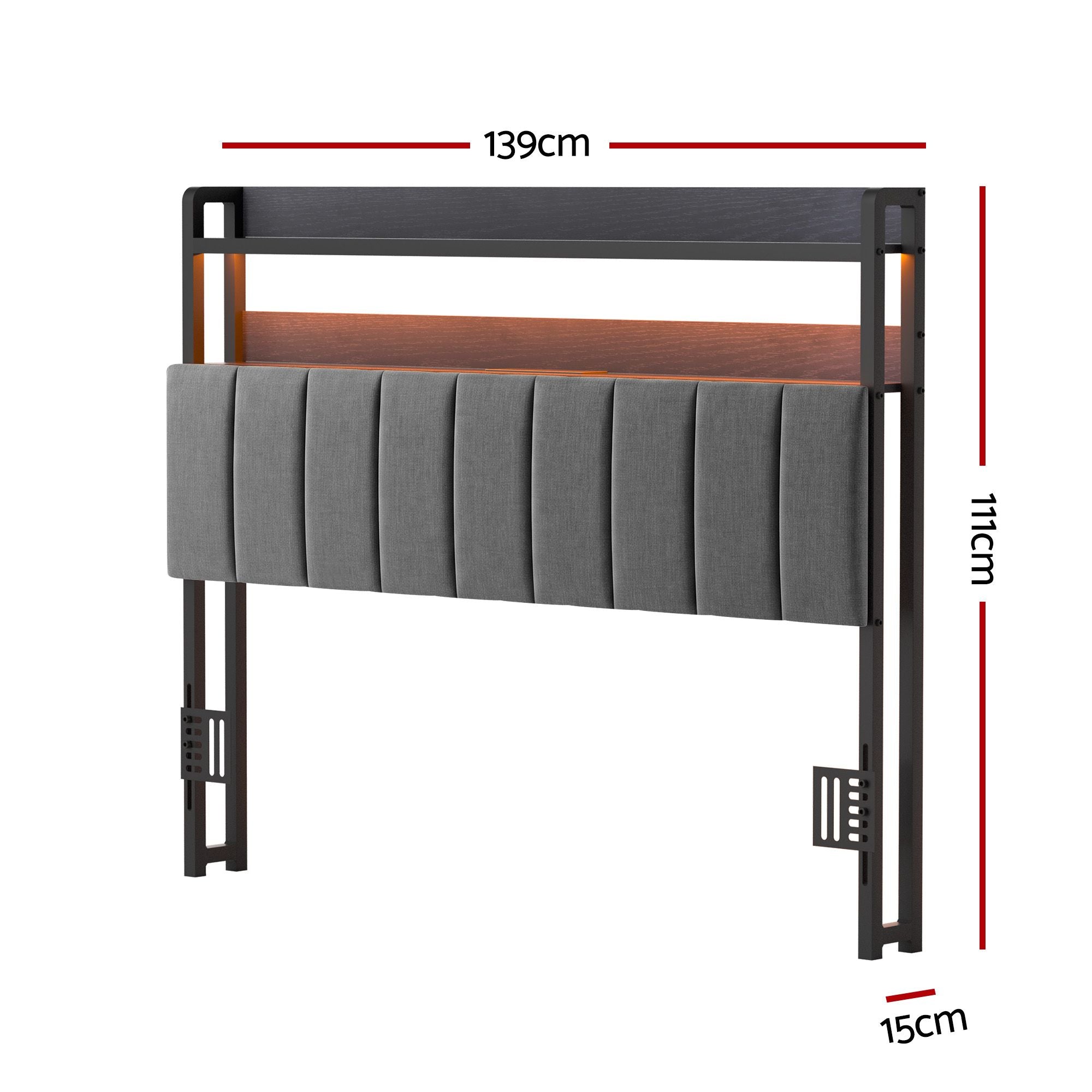 Double Headboard Charging Station Storage LED Light Grey Upholstered
