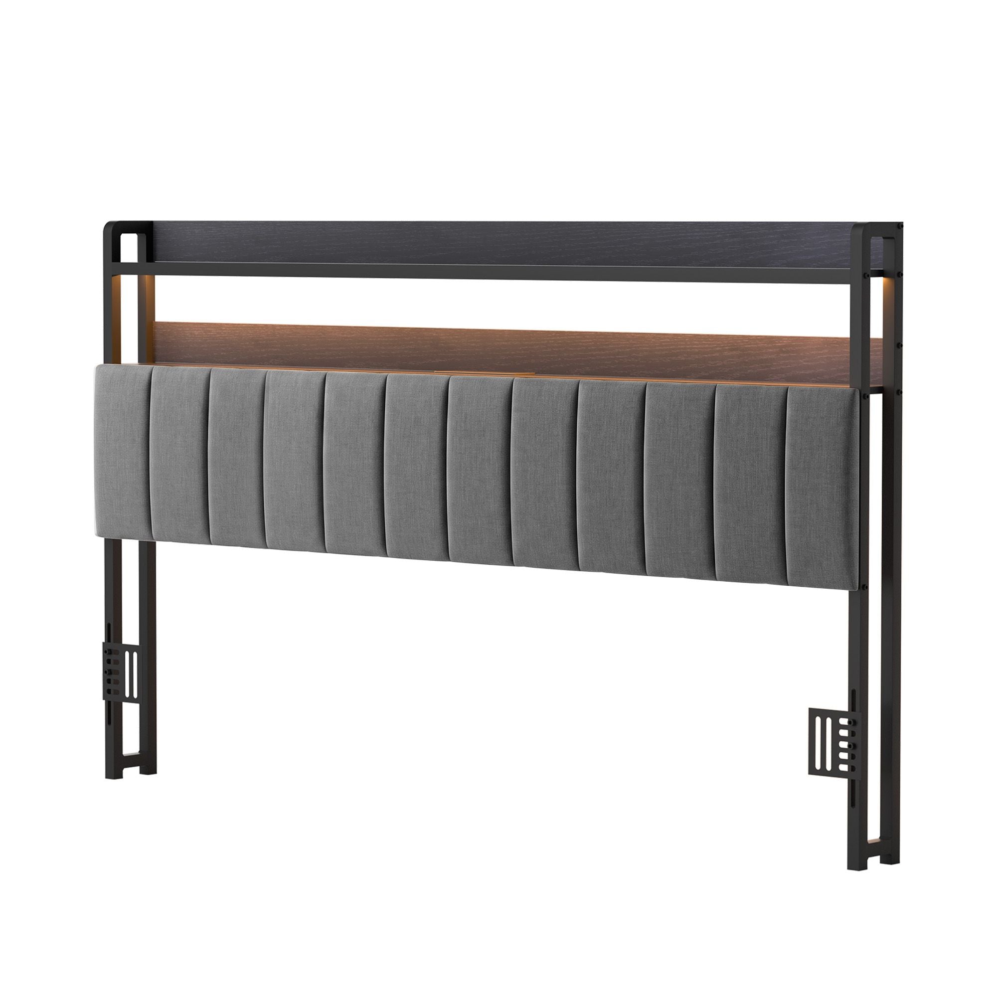 King Headboard Charging Station Storage LED Light Grey Upholstered